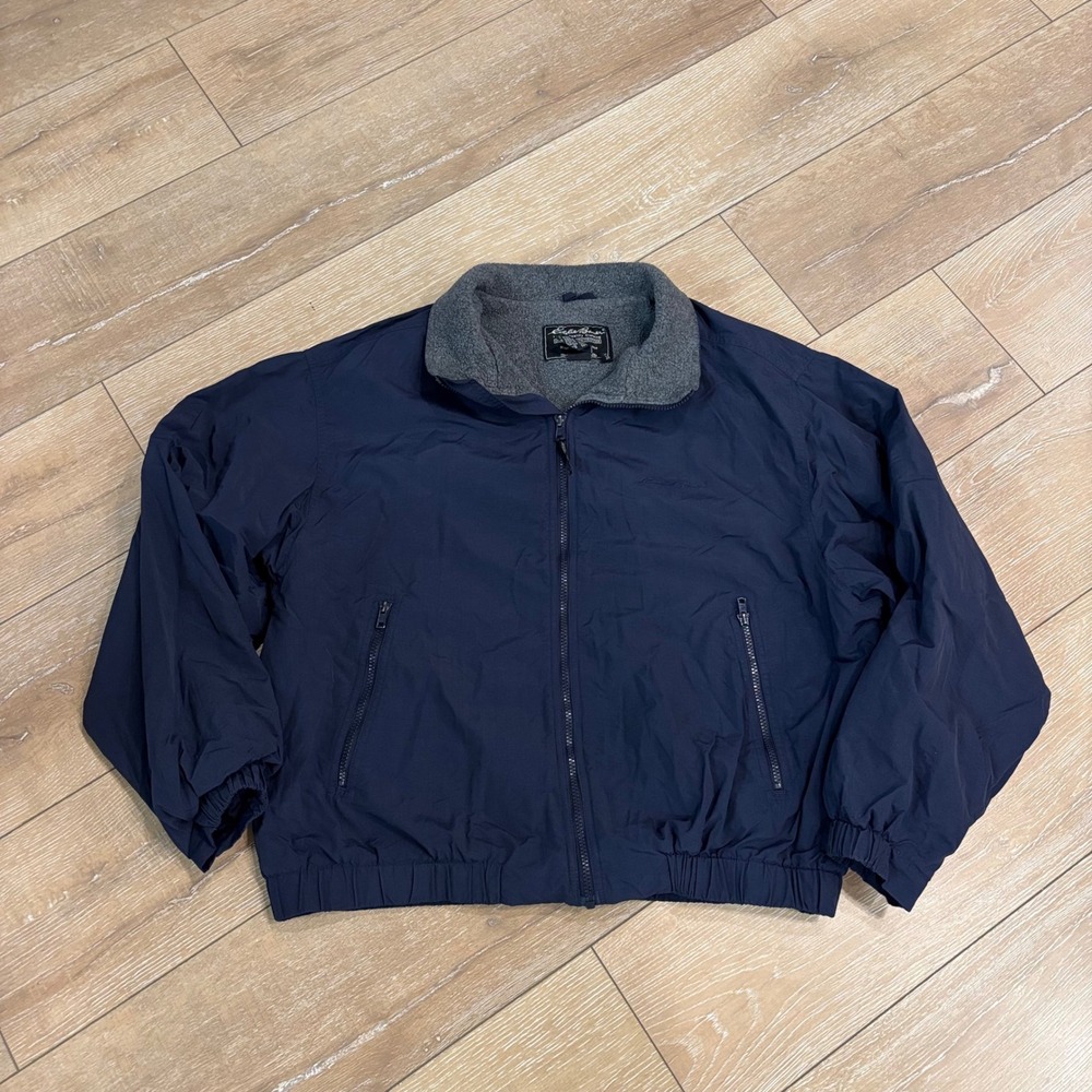 Eddie Bauer Mens Navy Blue Nylon Fleece Lined Bomber Jacket Full Zip Large